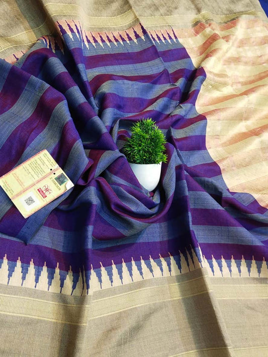 Blue Bhagalpur Handloom Pure Raw Silk Temple Border Saree - Luxurion World