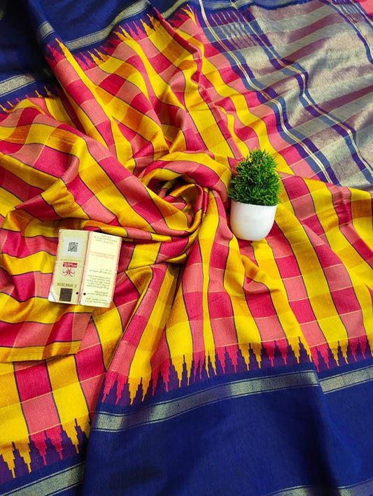 Orange Bhagalpur Handloom Pure Raw Silk Temple Border Saree