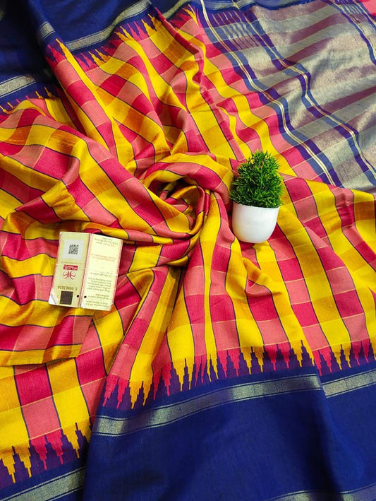Orange Bhagalpur Handloom Pure Raw Silk Temple Border Saree - Luxurion World