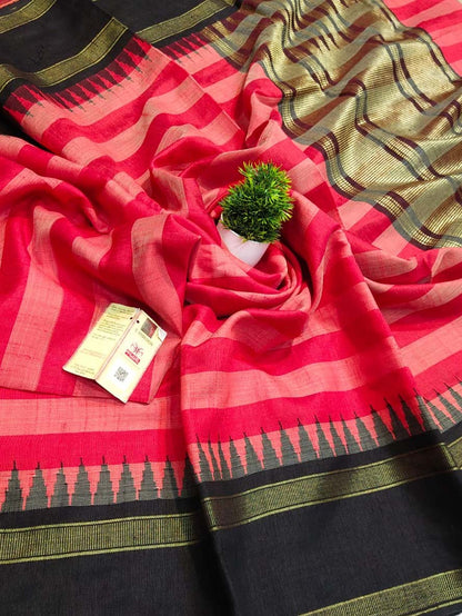 Red Bhagalpur Handloom Pure Raw Silk Temple Border Saree - Luxurion World