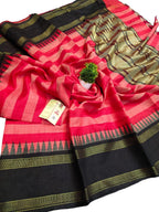 Red Bhagalpur Handloom Pure Raw Silk Temple Border Saree - Luxurion World
