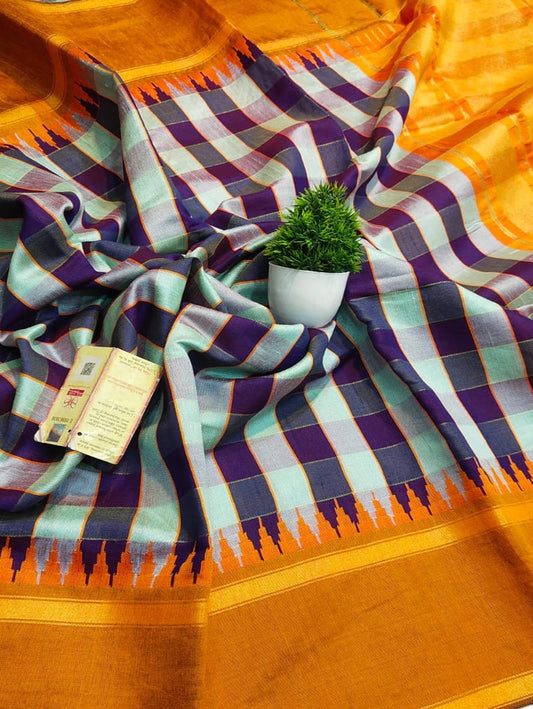 Black And White Bhagalpur Handloom Pure Raw Silk Temple Border Saree - Luxurion World