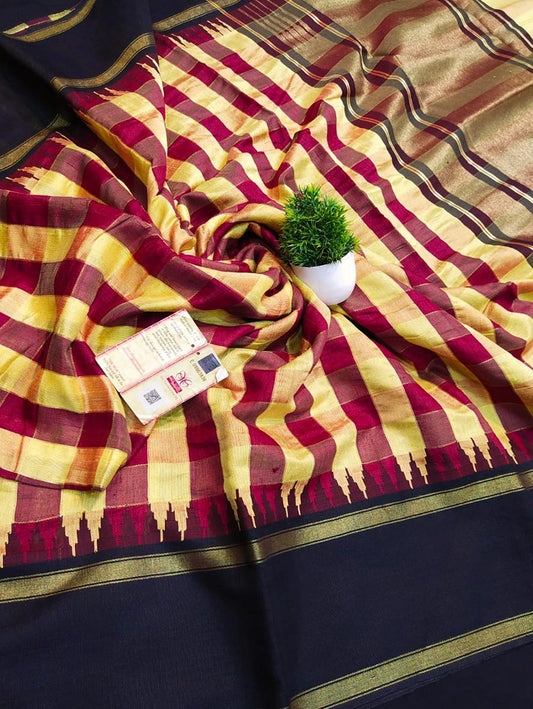 Yellow Bhagalpur Handloom Pure Raw Silk Temple Border Saree - Luxurion World