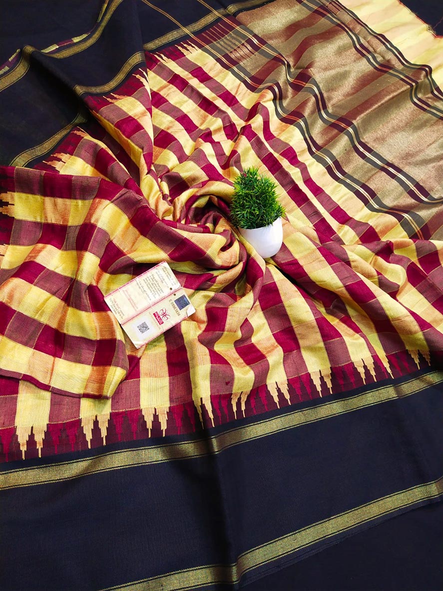 Yellow Bhagalpur Handloom Pure Raw Silk Temple Border Saree - Luxurion World