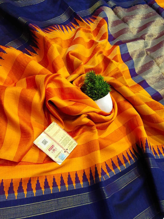 Orange Bhagalpur Handloom Pure Raw Silk Temple Border Saree