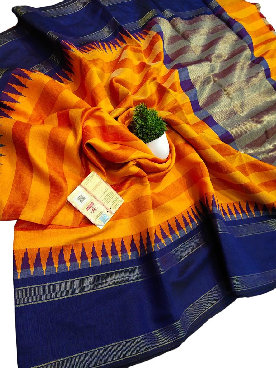 Orange Bhagalpur Handloom Pure Raw Silk Temple Border Saree - Luxurion World