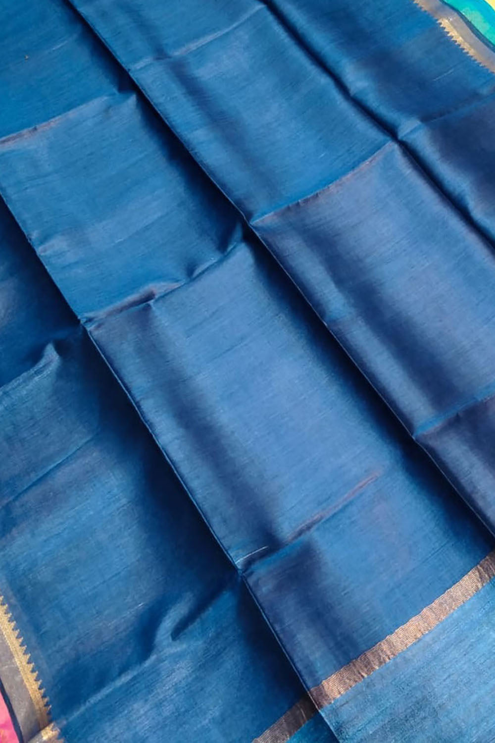 Blue Bhagalpur Handloom Pure Moonga Tussar Silk Saree - Luxurion World