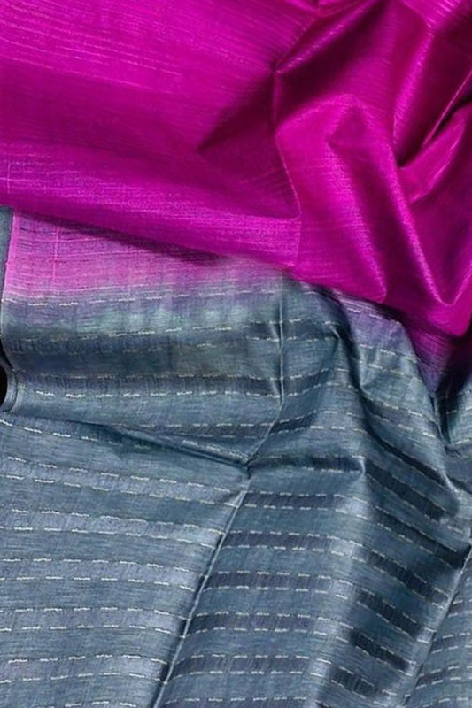 Pink Bhagalpur Handloom Pure Tussar Ghicha Stripes Saree - Luxurion World