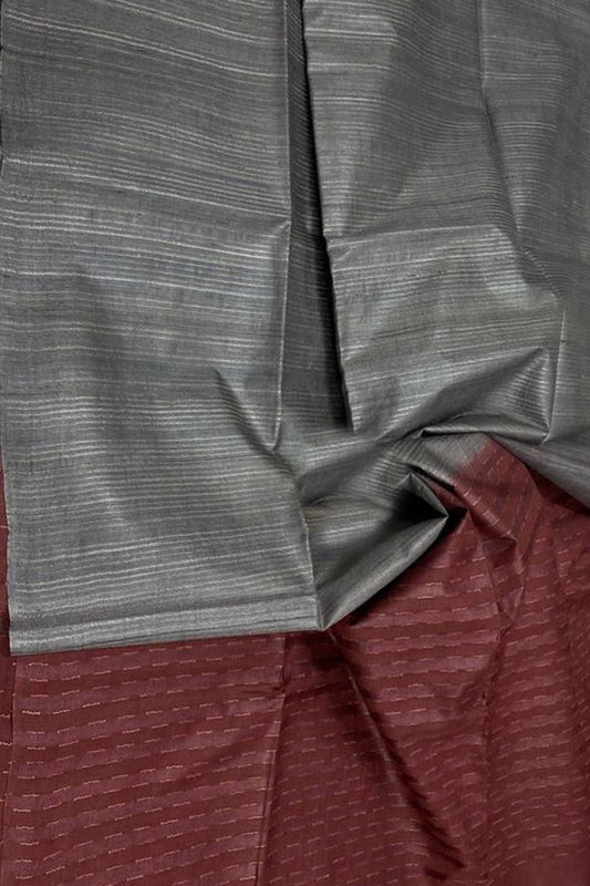 Grey Bhagalpur Handloom Pure Tussar Ghicha Stripes Saree - Luxurion World