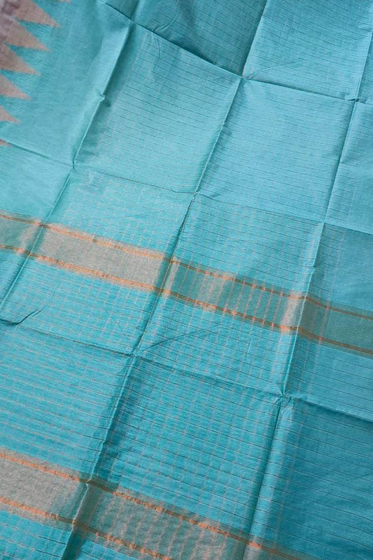 Blue Bhagalpur Handloom Kota Cotton Temple Border Saree - Luxurion World