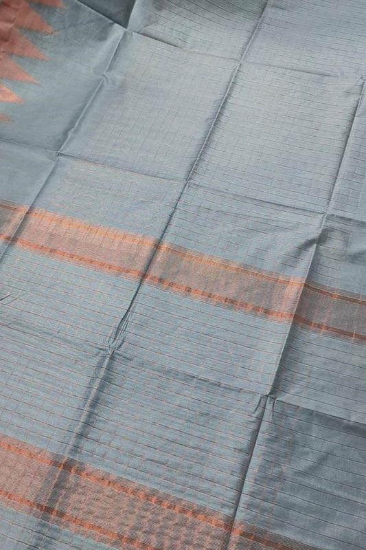 Grey Bhagalpur Handloom Kota Cotton Temple Border Saree - Luxurion World