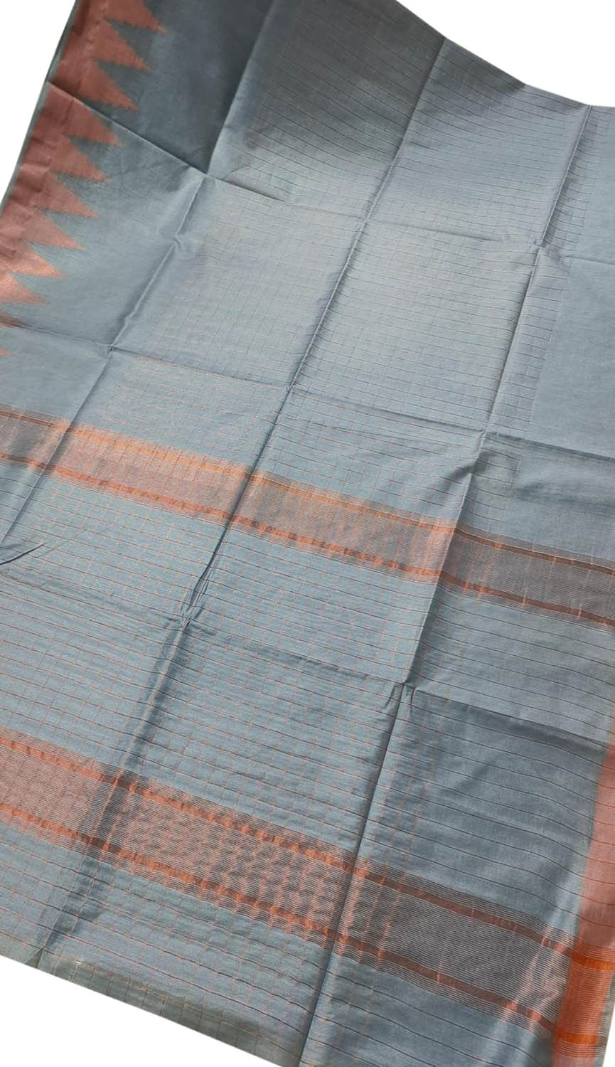 Grey Bhagalpur Handloom Kota Cotton Temple Border Saree - Luxurion World