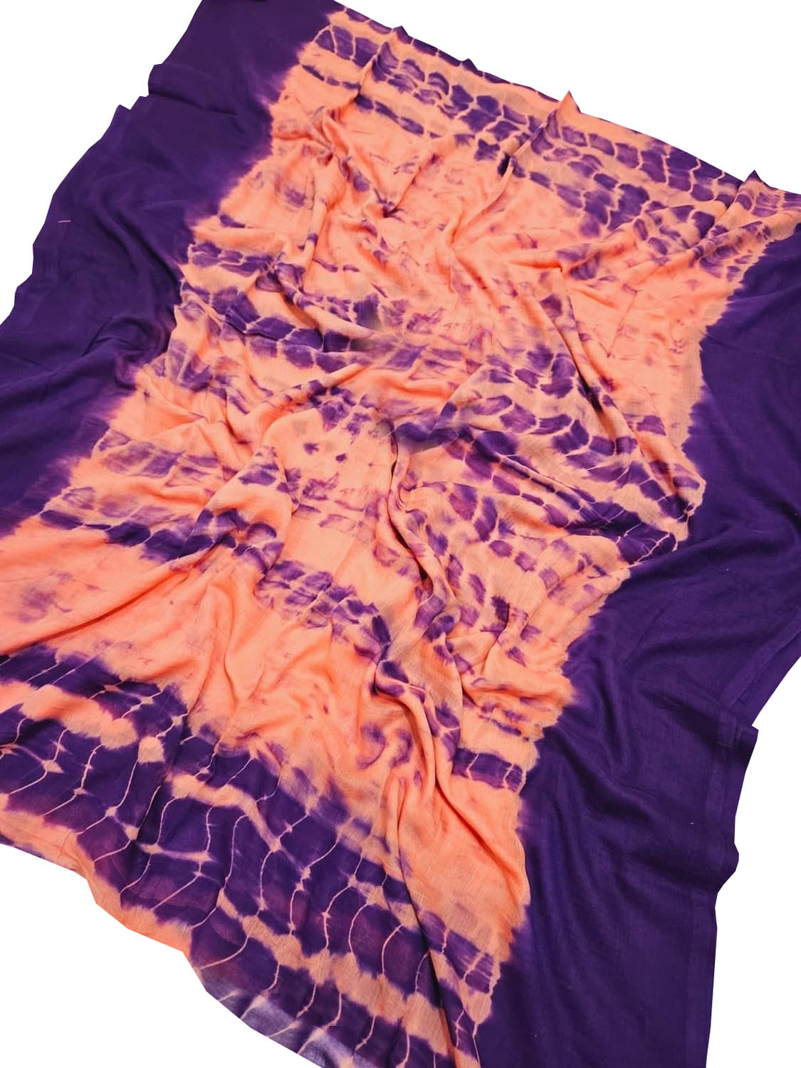 Orange And Purple Bhagalpur Mul Mul Cotton Shibori Design Saree - Luxurion World