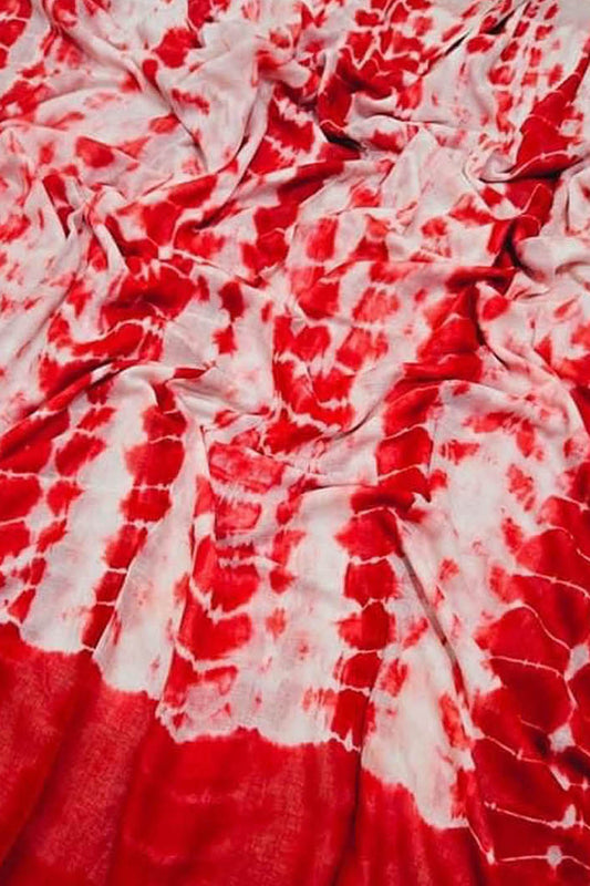Off White And Red Bhagalpur Mul Mul Cotton Shibori Design Saree