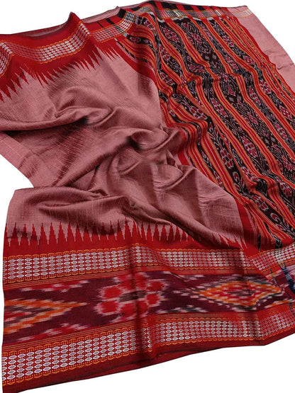 Pink Bhagalpur Handloom Pure Tussar Silk Ikat Border Saree - Luxurion World