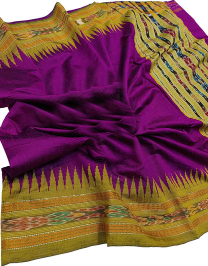 Purple Bhagalpur Handloom Pure Tussar Silk Ikat Border Saree