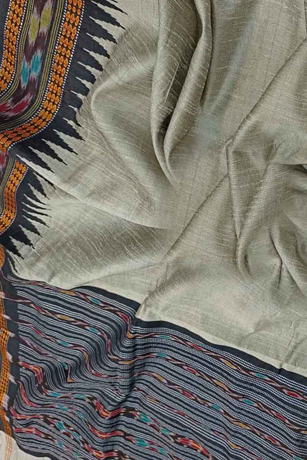 Grey Bhagalpur Handloom Pure Tussar Silk Ikat Border Saree - Luxurion World