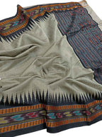 Grey Bhagalpur Handloom Pure Tussar Silk Ikat Border Saree - Luxurion World