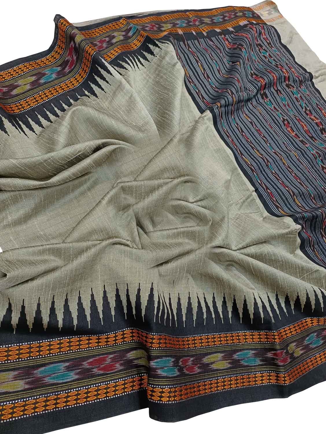 Grey Bhagalpur Handloom Pure Tussar Silk Ikat Border Saree - Luxurion World