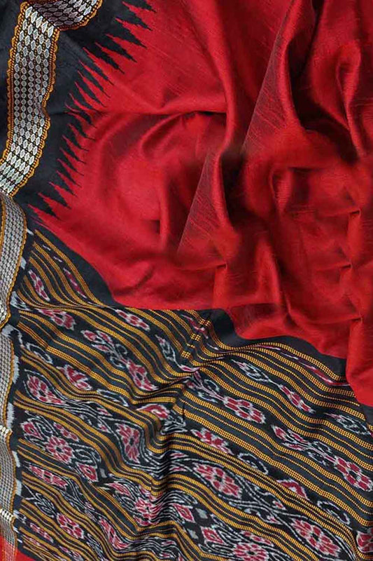 Red Bhagalpur Handloom Pure Tussar Silk Ikat Border Saree - Luxurion World