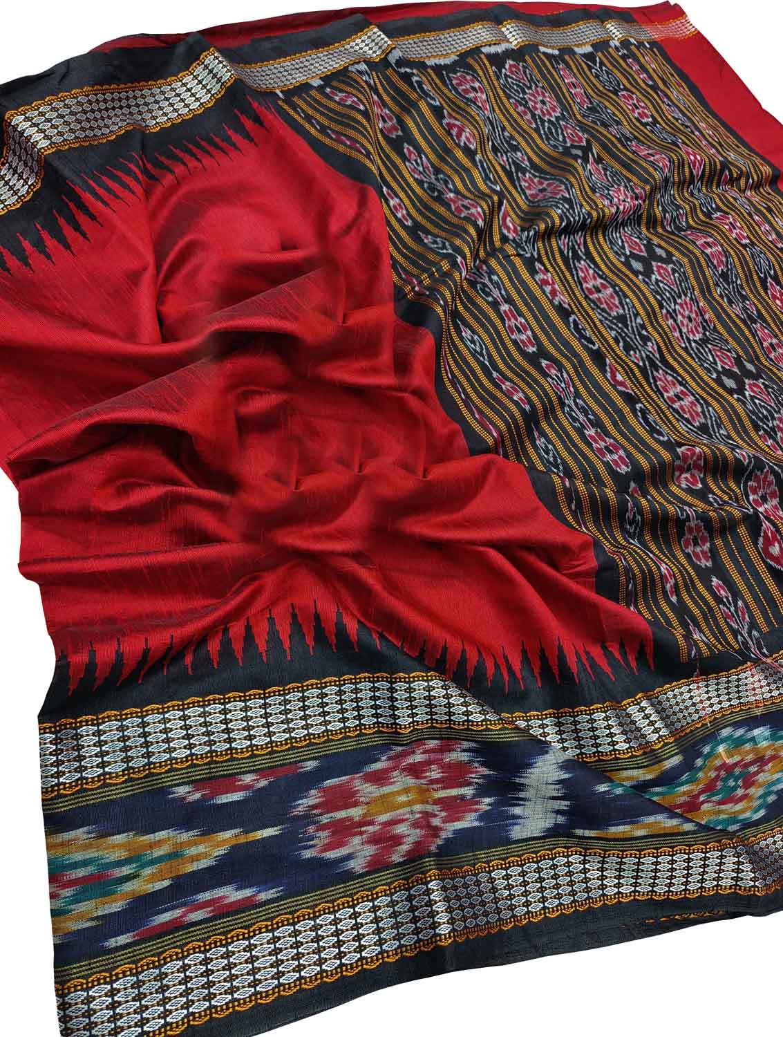 Red Bhagalpur Handloom Pure Tussar Silk Ikat Border Saree