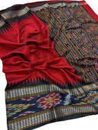 Red Bhagalpur Handloom Pure Tussar Silk Ikat Border Saree - Luxurion World