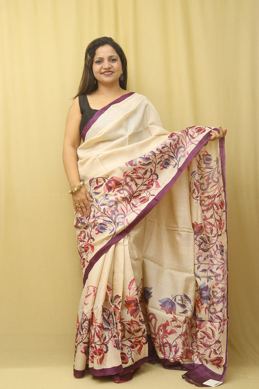 Pastel Block Printed Tussar Silk Saree: Elegant and Ethereal