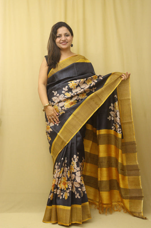 Elegant Black Block Printed Tussar Silk Saree Saree