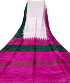 Off White Block Printed Pure Tussar Ghicha Silk Saree - Luxurion World