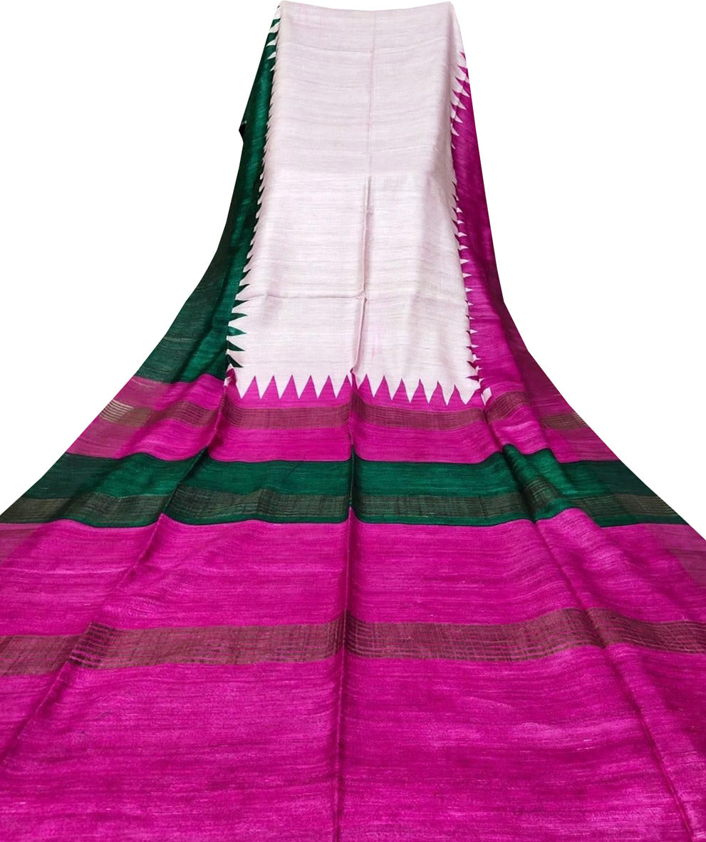 Off White Block Printed Pure Tussar Ghicha Silk Saree - Luxurion World