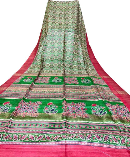 Green Block Printed Pure Tussar Ghicha Silk Saree - Luxurion World