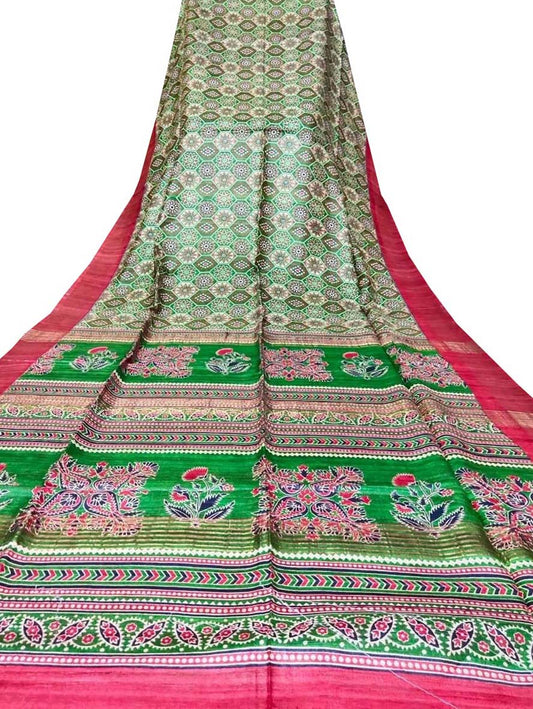 Green Block Printed Pure Tussar Ghicha Silk Saree - Luxurion World