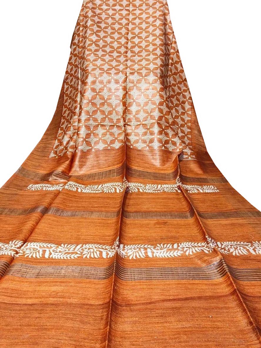 Orange Block Printed Pure Tussar Ghicha Silk Saree - Luxurion World