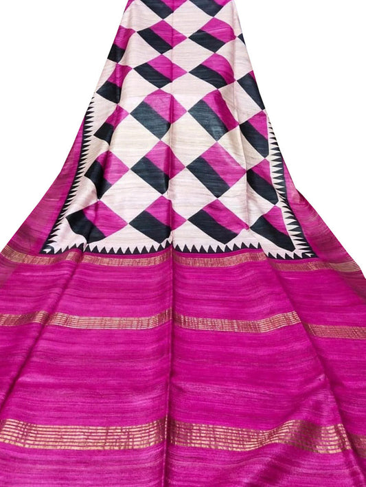 Off White Block Printed Pure Tussar Ghicha Silk Saree - Luxurion World