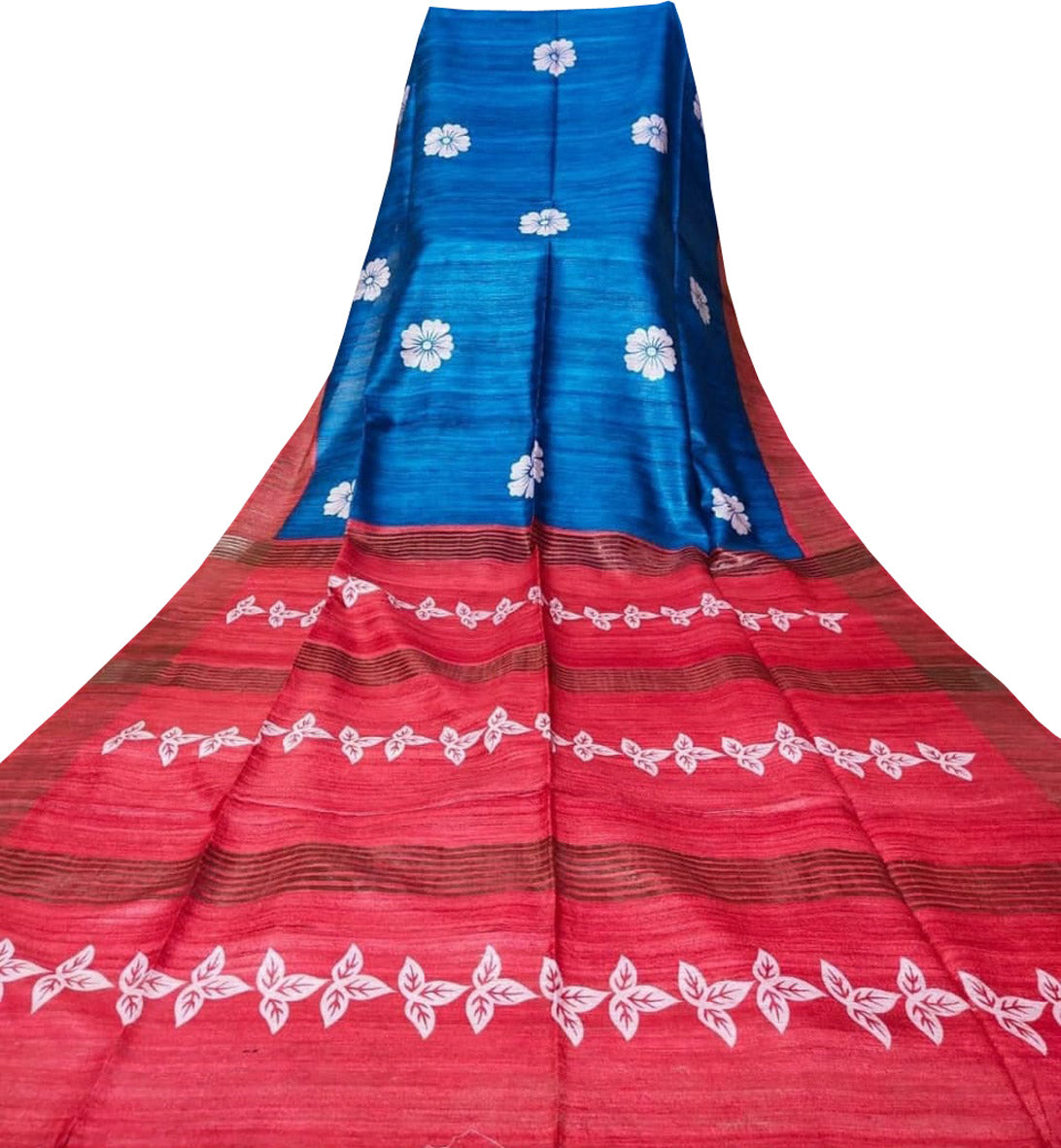 Blue Block Printed Pure Tussar Ghicha Silk Saree - Luxurion World