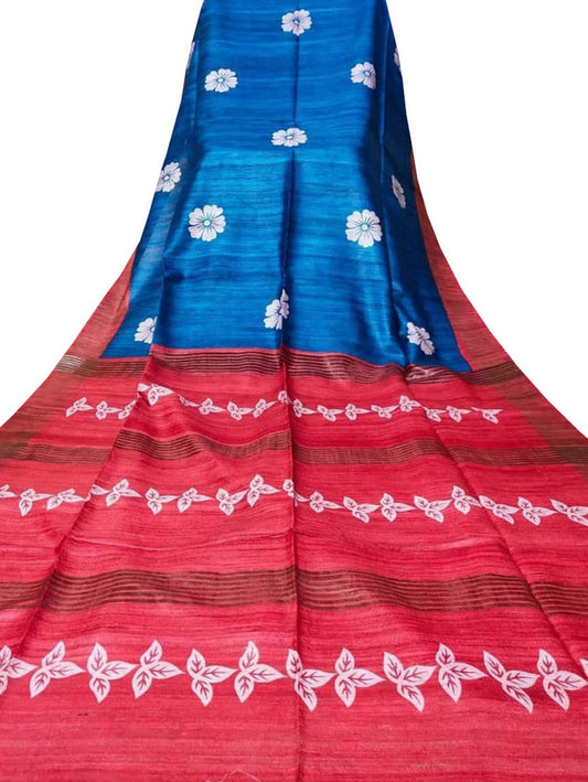 Blue Block Printed Pure Tussar Ghicha Silk Saree - Luxurion World
