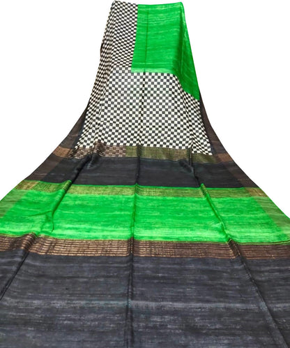 Green Block Printed Pure Tussar Ghicha Silk Saree - Luxurion World