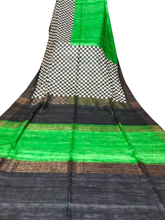 Green Block Printed Pure Tussar Ghicha Silk Saree