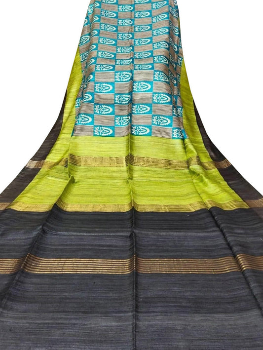 Multicolor Block Printed Pure Tussar Ghicha Silk Saree - Luxurion World