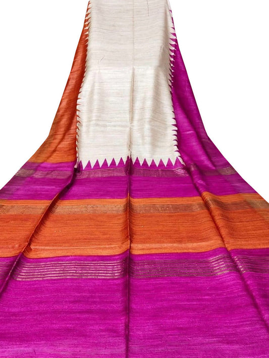 Pastel Block Printed Pure Tussar Ghicha Silk Saree - Luxurion World