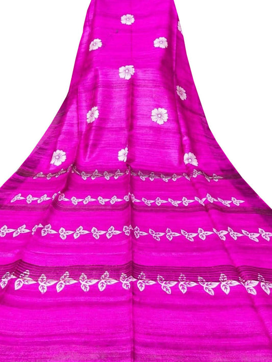 Pink Block Printed Pure Tussar Ghicha Silk Saree - Luxurion World