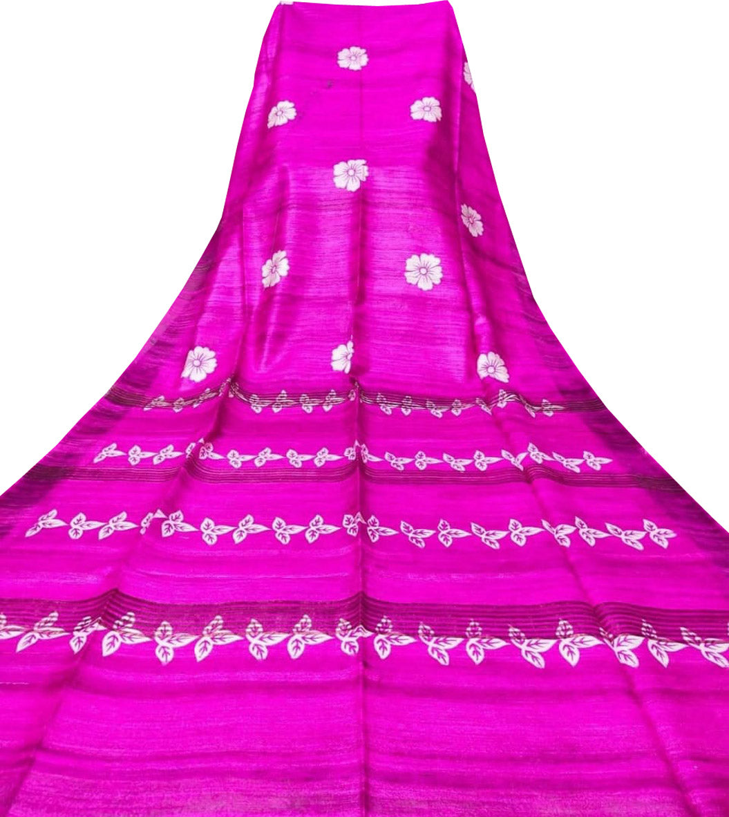 Pink Block Printed Pure Tussar Ghicha Silk Saree - Luxurion World