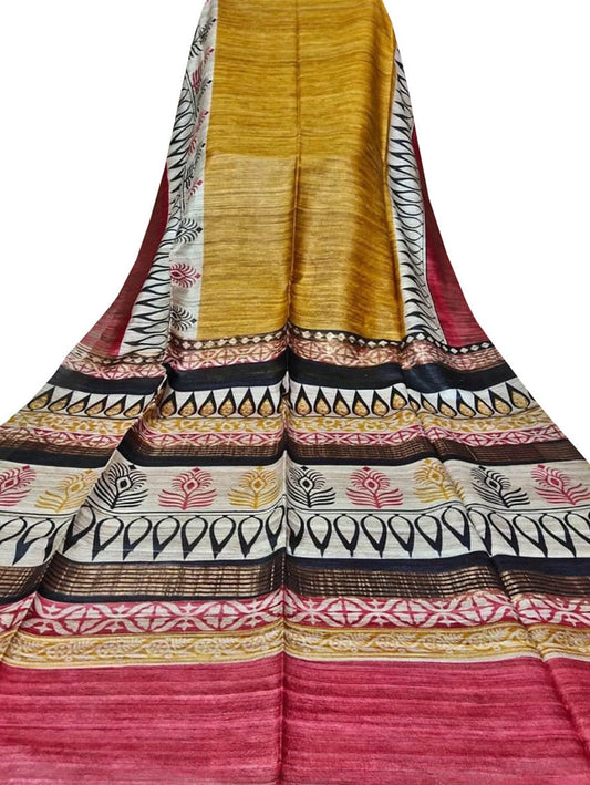 Yellow Block Printed Pure Tussar Ghicha Silk Saree - Luxurion World