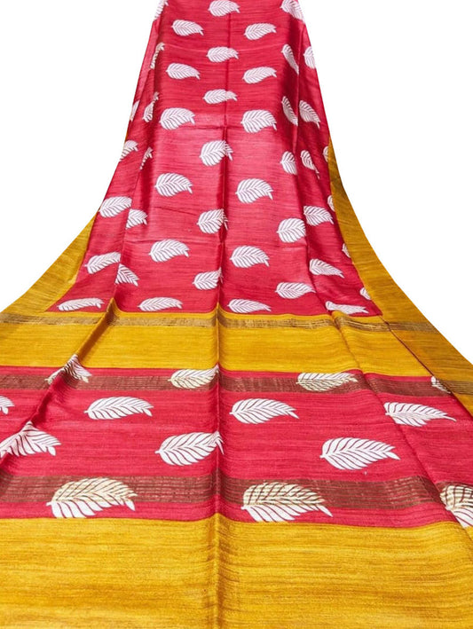 Red Block Printed Pure Tussar Ghicha Silk Saree - Luxurion World