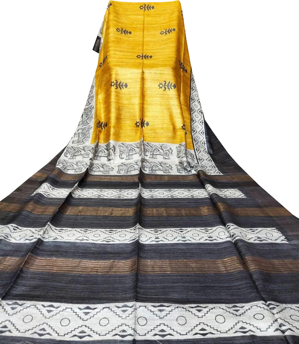 Yellow Block Printed Pure Tussar Ghicha Silk Saree - Luxurion World