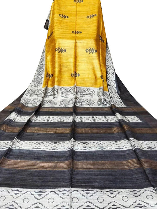 Yellow Block Printed Pure Tussar Ghicha Silk Saree - Luxurion World