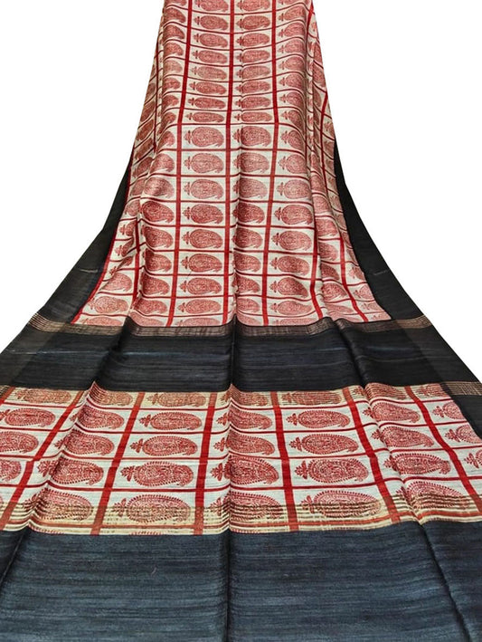 Off White Block Printed Pure Tussar Ghicha Silk Saree - Luxurion World