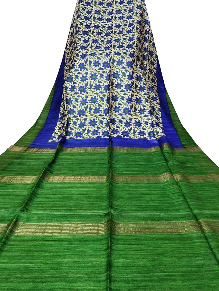 Blue Block Printed Pure Tussar Ghicha Silk Saree - Luxurion World