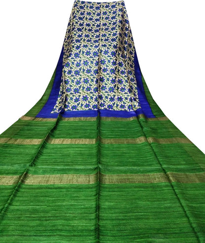 Blue Block Printed Pure Tussar Ghicha Silk Saree - Luxurion World