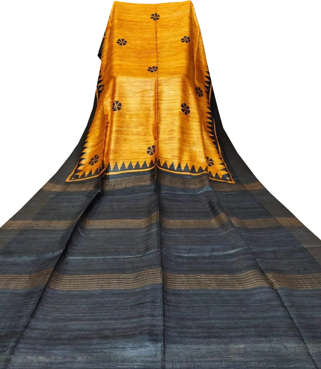 Orange Block Printed Pure Tussar Ghicha Silk Saree - Luxurion World